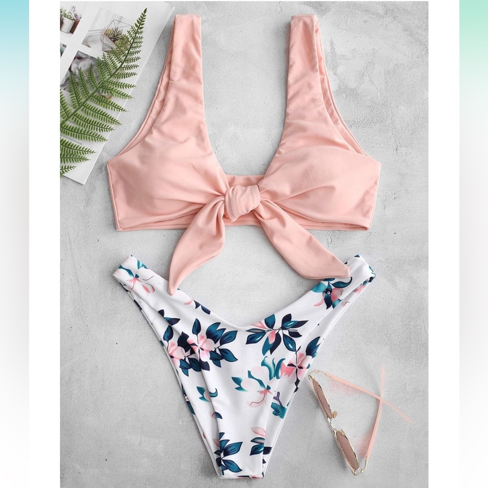 NWT ZAFUL Women's Floral Pink Tie Knot Front Bikini Set Large Swimsuit Two Piece